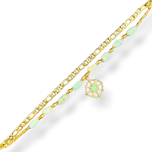 Bracelet Double Rang Perles Turquoise Pendentif Losange