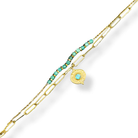 Bracelet Double Rang Perles Turquoise Pendentif Soleil